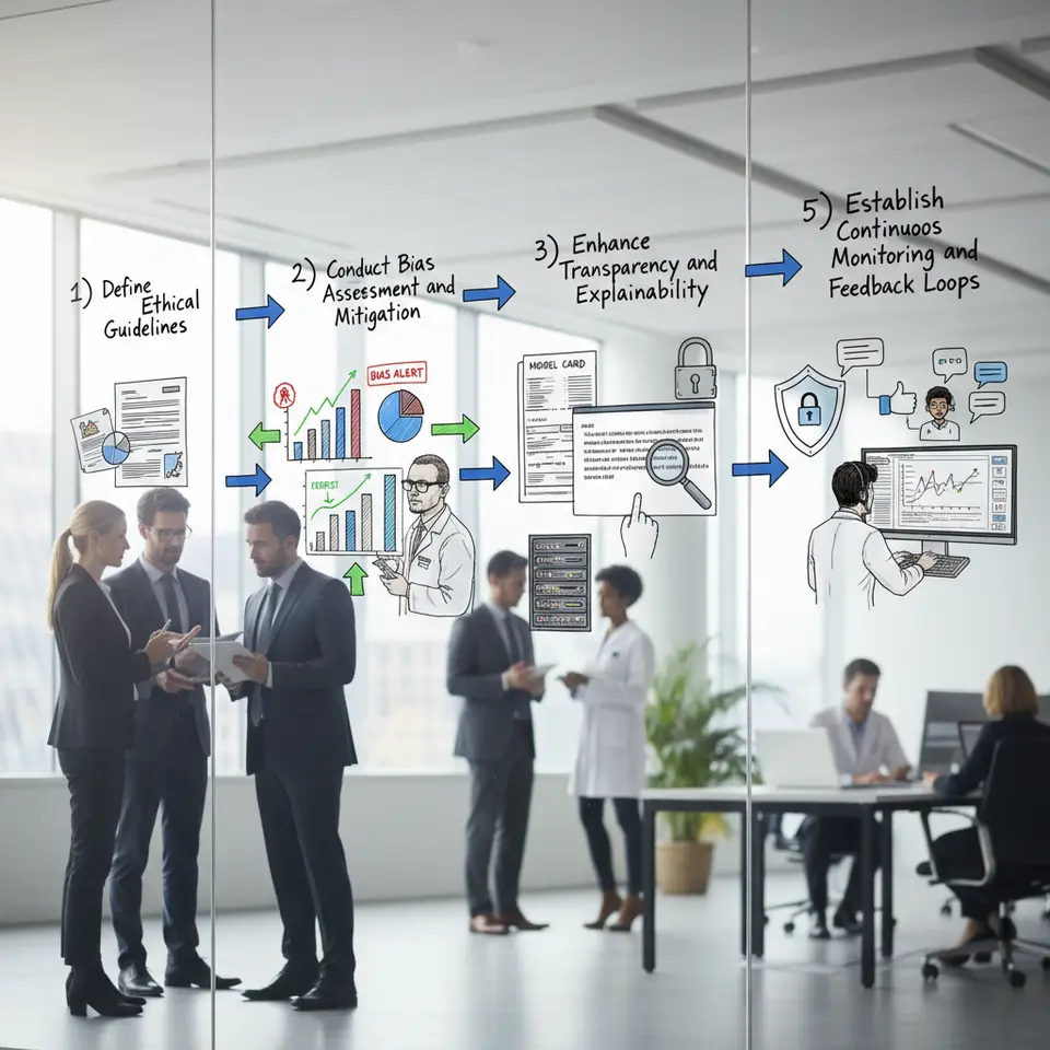 A clean, modern infographic depicting the five-step ethical framework for generative AI development: 1) Define Ethical Guidelines (people around a policy document), 2) Conduct Bias Assessment and Mitigation (data charts with bias alerts and correction arrows), 3) Enhance Transparency and Explainability (model card and magnifying glass over an AI output), 4) Strengthen Security and Privacy Safeguards (locked data vault with shield icons), and 5) Establish Continuous Monitoring and Feedback Loops (monitor dashboard with alert notifications and user feedback icons), all connected by directional arrows in a cohesive workflow.