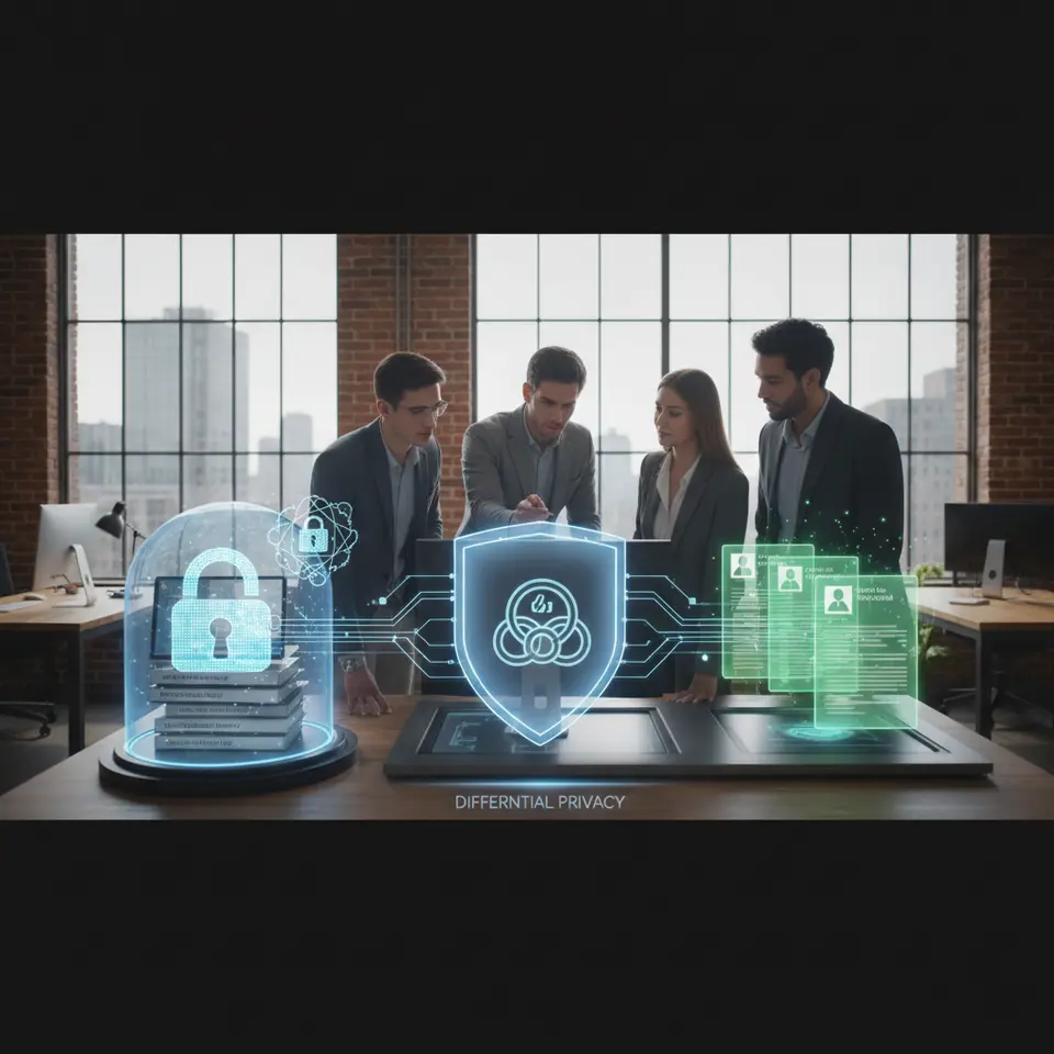 An illustrative scene of a healthcare research startup using differential privacy: a secure digital vault containing real patient files on one side, and on the other side, stylized synthetic patient records emerging as translucent duplicates under a protective privacy shield. Include lock and encryption symbols, and subtle data flow lines to convey AI-driven synthesis while safeguarding individual confidentiality.