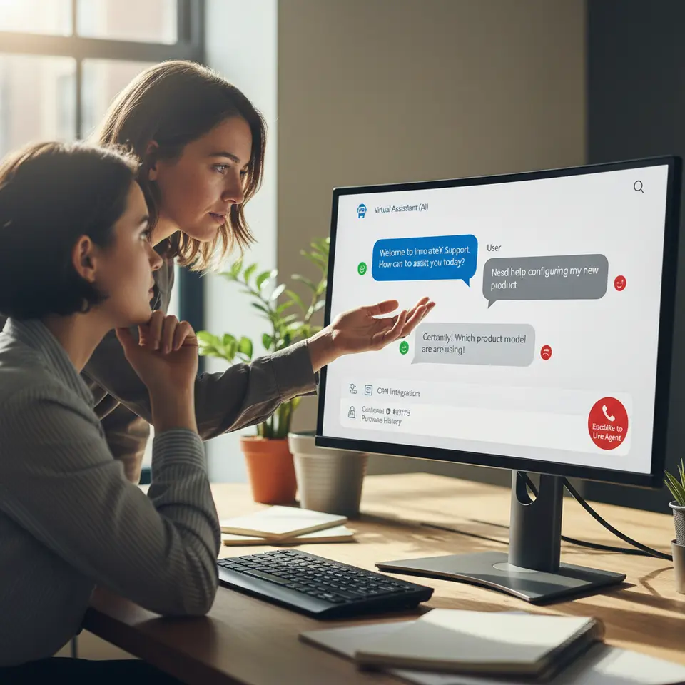 Modern AI-powered chat interface depicting a humanlike virtual assistant guiding a user through a product inquiry, with text bubbles, sentiment analysis indicators (smiley and frown icons), CRM integration highlights, and a call-out for live agent escalation, all set in a clean, corporate messaging UI.