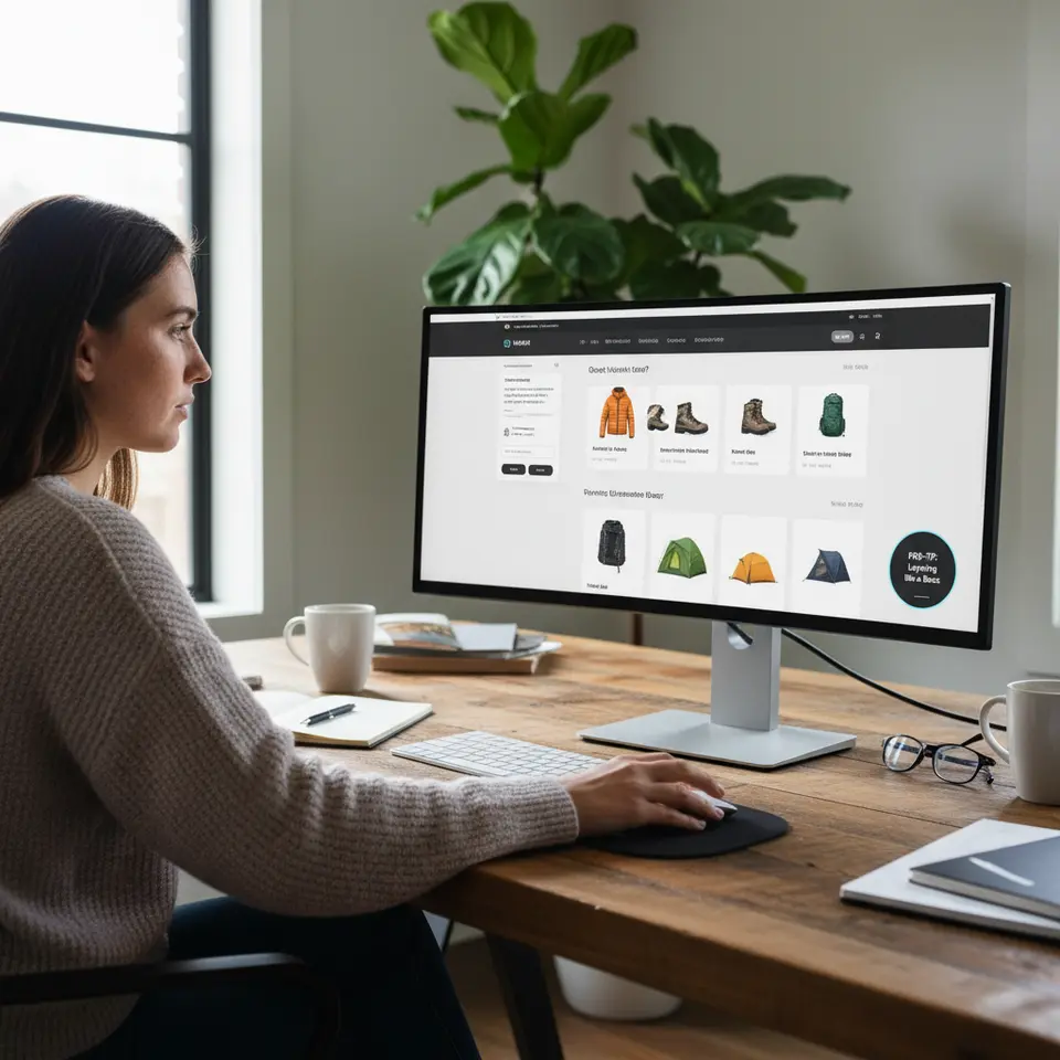 Dynamic e-commerce webpage mockup showing AI-driven personalization: a product carousel that rearranges in real time based on browsing behavior, an adaptive onboarding questionnaire that simplifies or deepens questions as the user responds, and micro-personalized tutorial pop-ups matched to the user’s skill level, presented in a sleek, responsive layout.