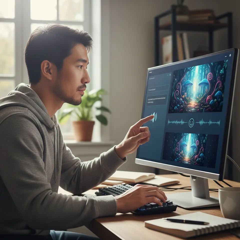 Multimodal Asset Creation – A sleek user interface where a user types a text prompt on one side and instantly receives synchronized outputs: a high-resolution illustration, an audio waveform with a friendly voiceover icon, and a looping video thumbnail, all styled cohesively to tell a unified story.