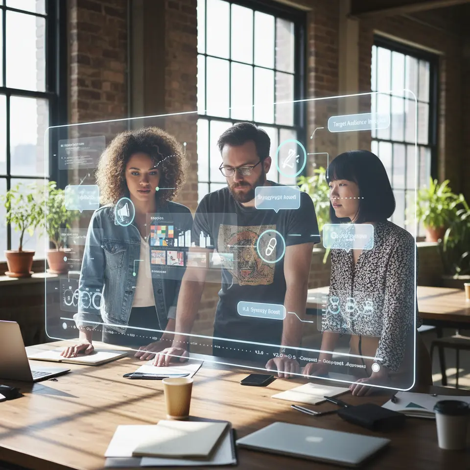 Real-Time Collaborative Workspace – A cloud-based digital canvas shared by a marketer, designer, and data scientist (represented by distinct avatars), with live annotations, AI suggestion pop-ups, color-coded edit pointers, and a visible version control timeline along the edge, conveying dynamic team co-creation.