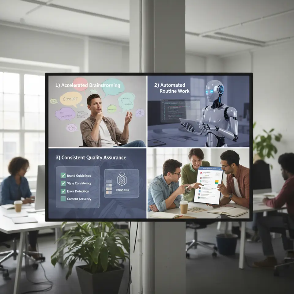 A dynamic infographic showcasing the four key benefits of generative tools: 1) Accelerated Brainstorming – a designer surrounded by multiple colorful idea bubbles; 2) Automated Routine Work – an AI robot drafting emails and code snippets; 3) Consistent Quality Assurance – a checklist with green ticks and brand guidelines overlay; 4) Collaborative Refinement – a team co-editing AI-generated drafts on a shared screen.