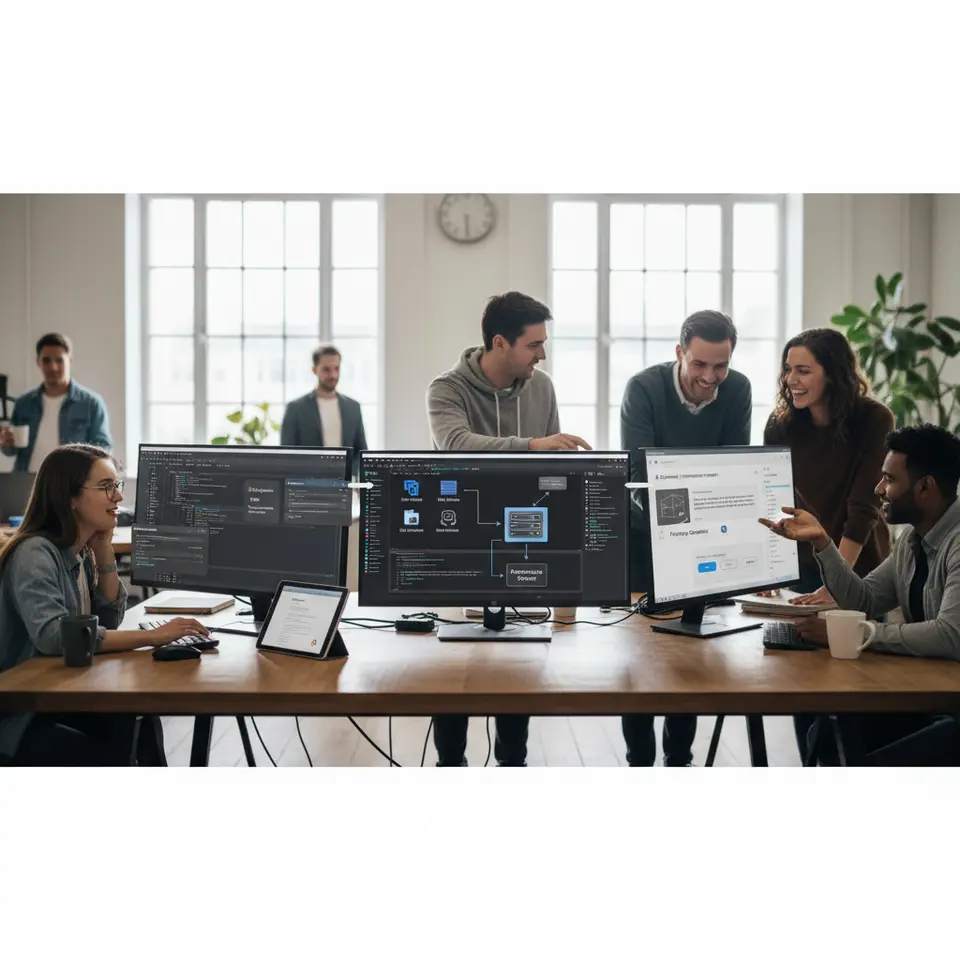 An illustrative diagram of three integration strategies: 1) Plugin Integration – icons of Visual Studio Code, Adobe Creative Cloud, and Google Workspace with AI widgets popping up; 2) API-First Middleware – a central middleware server connecting arrows between proprietary systems and a generative AI endpoint; 3) ChatOps Workflow – Slack/Microsoft Teams chat window with AI commands generating summaries and prototypes in real time, complete with approval buttons and audit log entries.