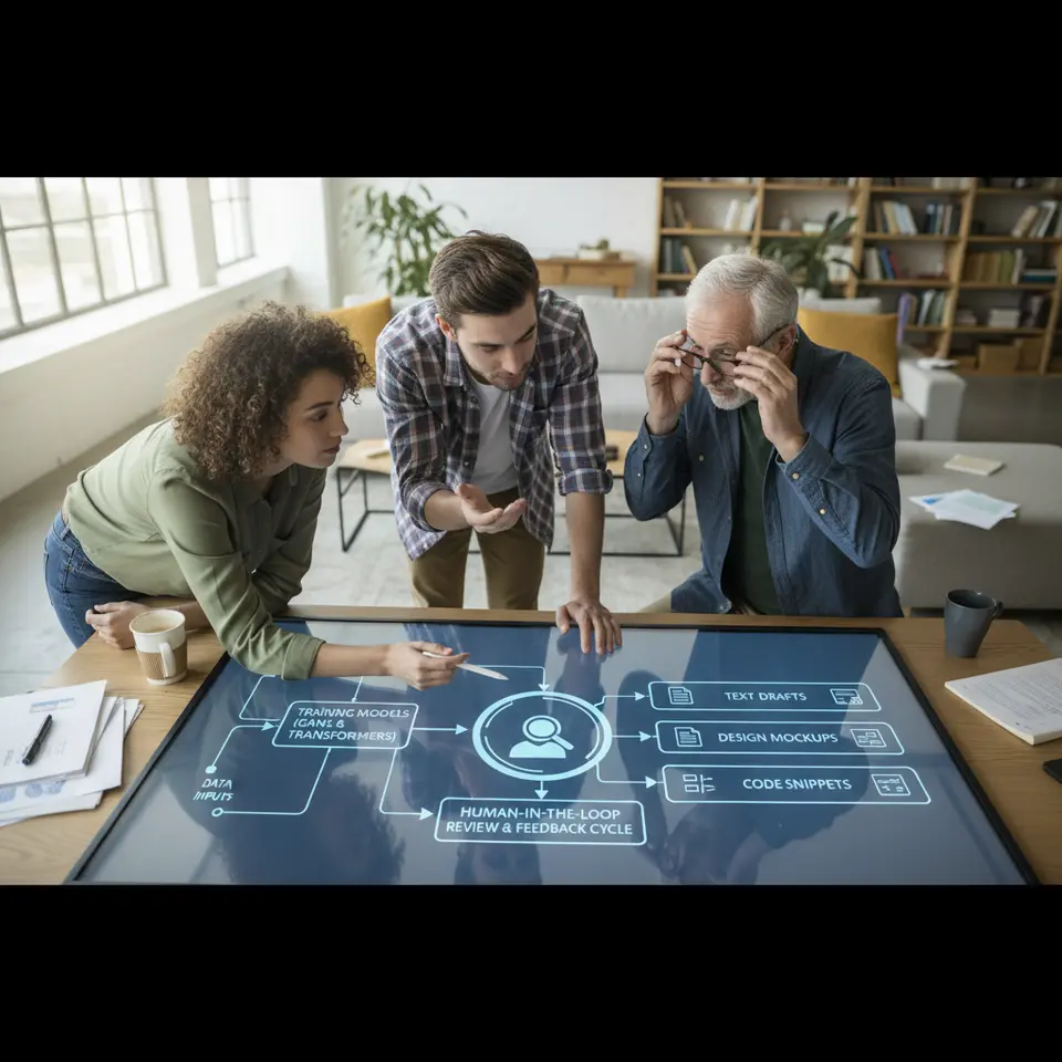 A detailed schematic of a generative AI workflow: showing data inputs flowing into training models (GANs and transformers), then branching into distinct outputs—text drafts, design mockups, code snippets—with a human-in-the-loop review and feedback cycle.