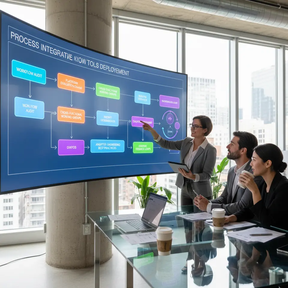 A vibrant process integration flowchart for generative tools deployment: illustrating stages such as workflow audit, platform evaluation (APIs, security checks), cross-functional working groups, prompt engineering best practices, analytics dashboard monitoring, and iterative feedback loops.