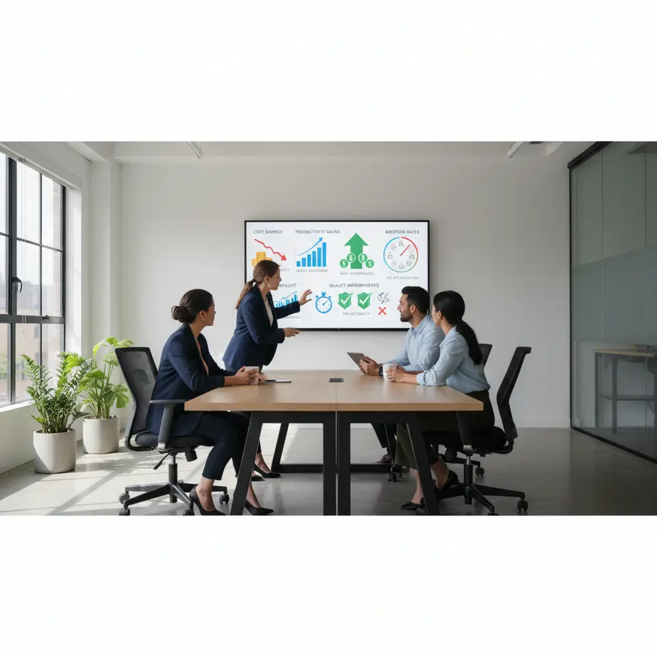 Infographic dashboard showcasing five distinct generative AI ROI metrics: a stack of coins and downward‐sloping labor‐hours chart for cost savings; a rising bar graph with a speeding clock for productivity gains; an arrow ascending with dollar signs for revenue uplift; checkmark badges and minimal error icons for quality improvements; and user silhouettes around a satisfaction gauge for adoption rates.