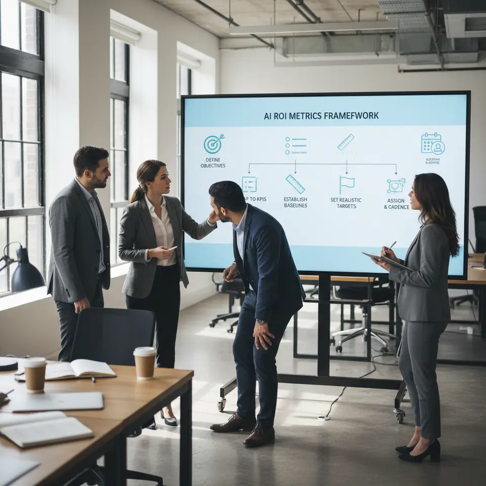 Step-by-step flowchart diagram of an AI ROI metrics framework: a goal icon labeled “Define Objectives,” leading via arrows to a list icon marked “Map to KPIs,” then to a ruler icon for “Establish Baselines,” onward to a flag icon titled “Set Realistic Targets,” and concluding at a calendar+user icon for “Assign Ownership & Cadence.