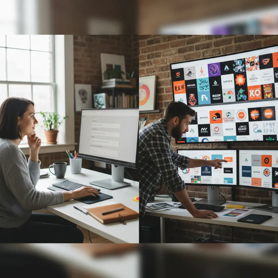 Accelerated Ideation and Variation Generation: A designer’s workspace split in two—on the left, a clean interface where the user inputs brand colors, typography preferences, and layout constraints; on the right, a vibrant grid of dozens of AI-generated mock-ups in varied layouts and color palettes, showcasing instant design variations.
