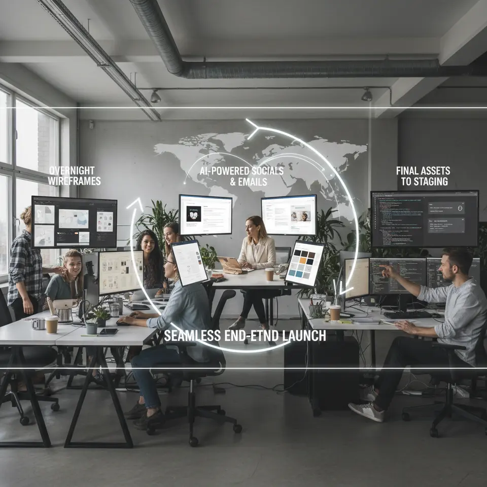 Hybrid Team Product Launch Workflow: A world-map background connecting time-zone markers, each linked to a different team node—UX designers generating overnight wireframe variations, marketing specialists spawning social ads and email headers from style guides, and developers exporting finalized assets directly into a staging environment—illustrating a seamless, AI-powered end-to-end launch process.