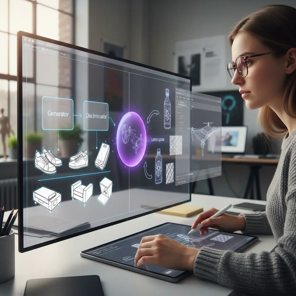 A split-scene illustration showing a Generative Adversarial Network (GAN) and a Variational Autoencoder (VAE) in action: on the left, two interconnected neural-network blocks labeled “Generator” and “Discriminator” outputting 2D product sketches; on the right, a translucent latent-space sphere with arrows pointing to emerging 3D geometries and surface textures, overlaid by a semi-transparent CAD viewport and a designer’s hand guiding the process.