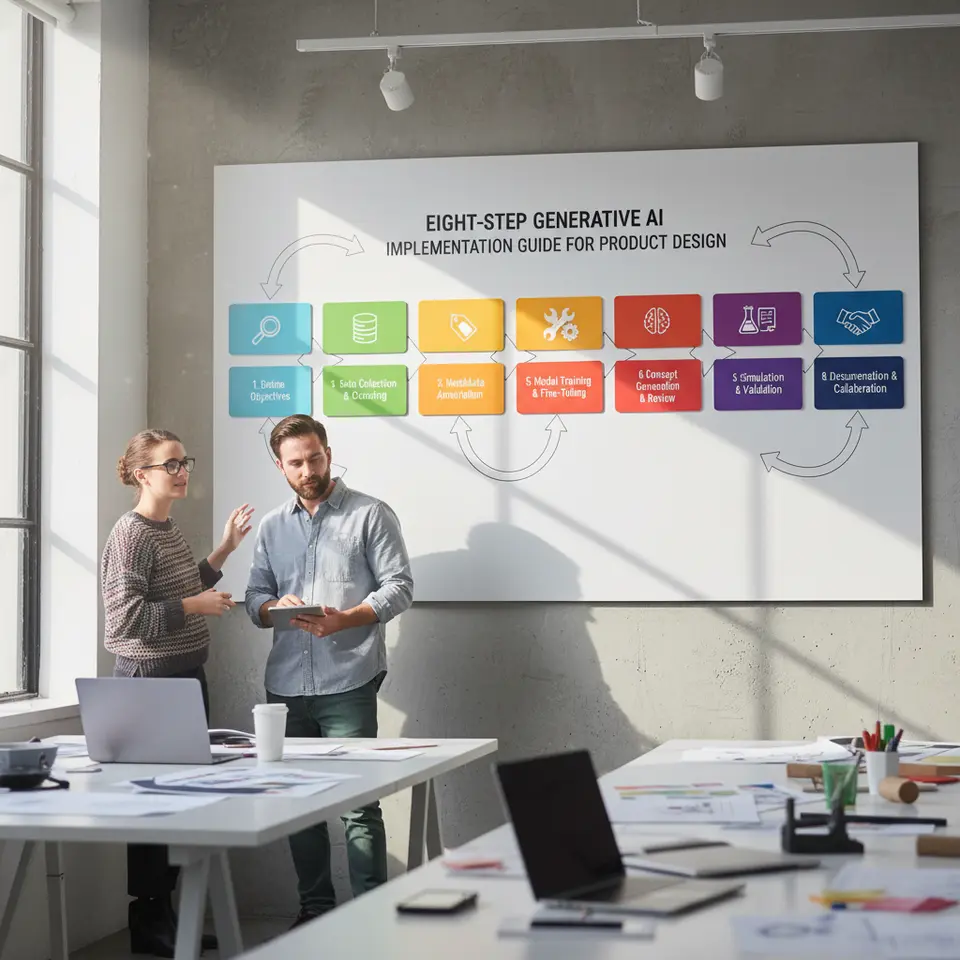 An infographic-style flowchart of the eight-step implementation guide for integrating Generative AI into product design: eight sequential, color-coded panels with simple icons and labels for Define Objectives, Data Collection & Cleaning, Metadata Annotation, Tool Selection, Model Training & Fine-Tuning, Concept Generation & Review, Simulation & Validation, and Documentation & Collaboration, connected by arrows on a clean white background.