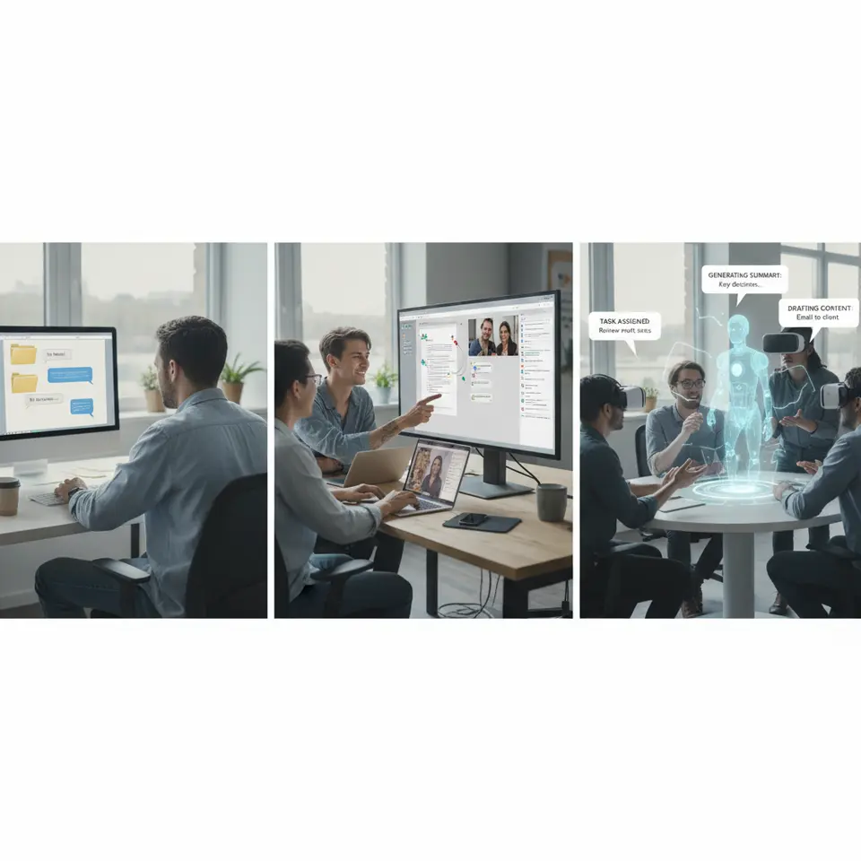 A horizontal timeline illustrating the evolution of team collaboration: on the left, simple file-sharing folders and basic chat bubbles; in the middle, cloud-based documents with real-time co-authoring cursors, integrated video call windows, and chat panels; on the right, AI agents hovering over a virtual meeting table, automatically generating bullet-point summaries, assigning tasks, and drafting content in speech bubbles