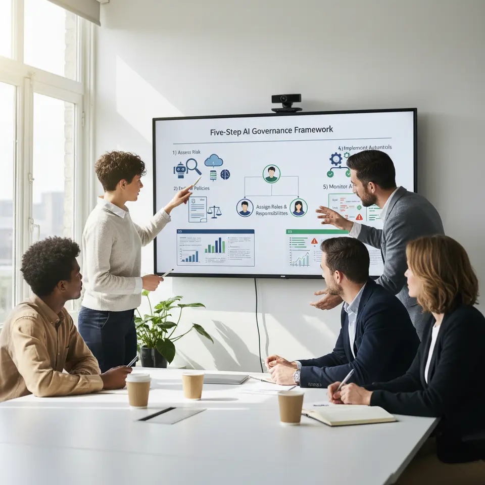 An infographic illustrating a five-step AI governance framework: 1) Assess Risk (magnifying glass over AI use-case icons), 2) Define Policies (policy document and legal scale), 3) Assign Roles & Responsibilities (diverse team members connected by flowchart), 4) Implement Automated Controls (CI/CD pipeline with gears and code checks), 5) Monitor & Adapt (real-time dashboard with alert symbols). Clean flat design with corporate color palette.